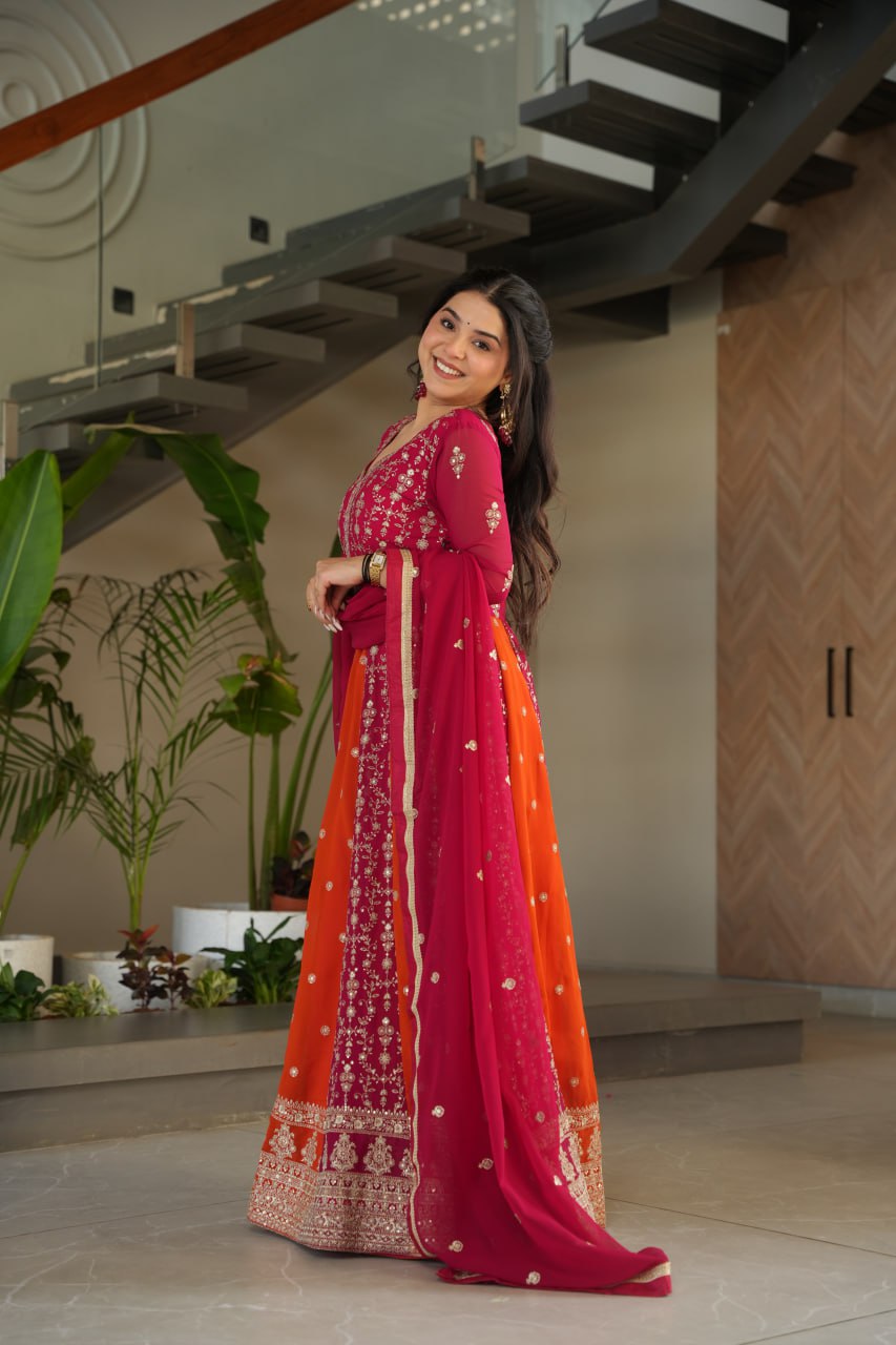 Pink Luxury Faux Blooming Gown Set with Zari & Sequins Embroidery – Kali Cut Design