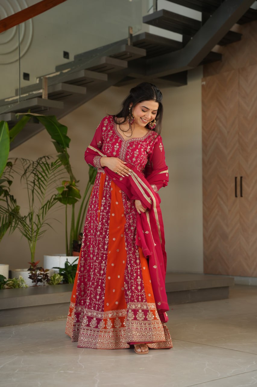 Pink Luxury Faux Blooming Gown Set with Zari & Sequins Embroidery – Kali Cut Design