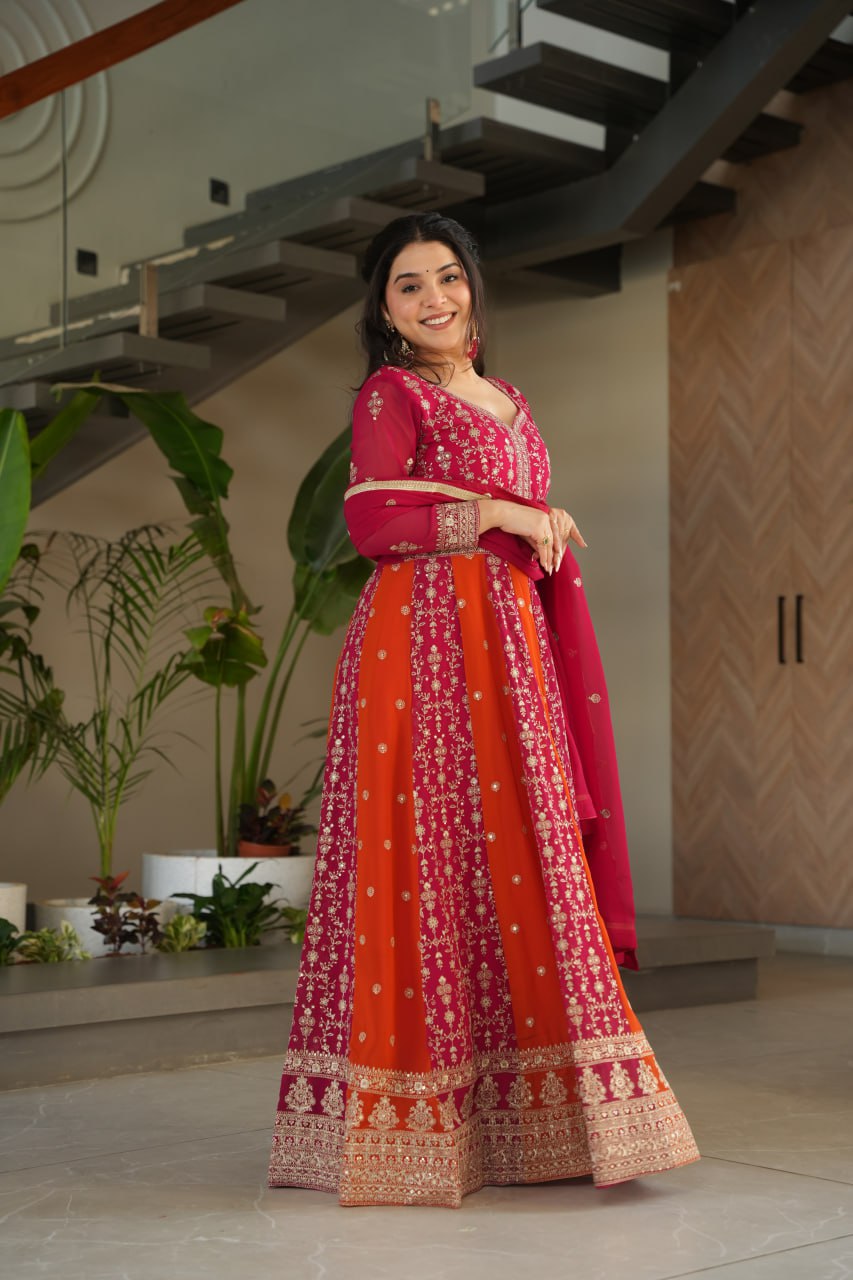 Pink Luxury Faux Blooming Gown Set with Zari & Sequins Embroidery – Kali Cut Design