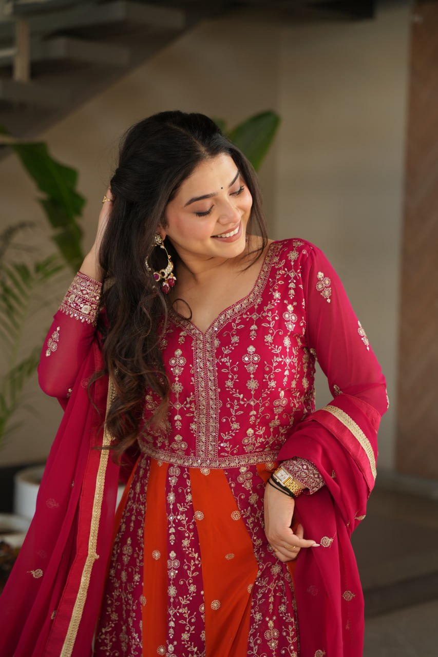 Pink Luxury Faux Blooming Gown Set with Zari & Sequins Embroidery – Kali Cut Design