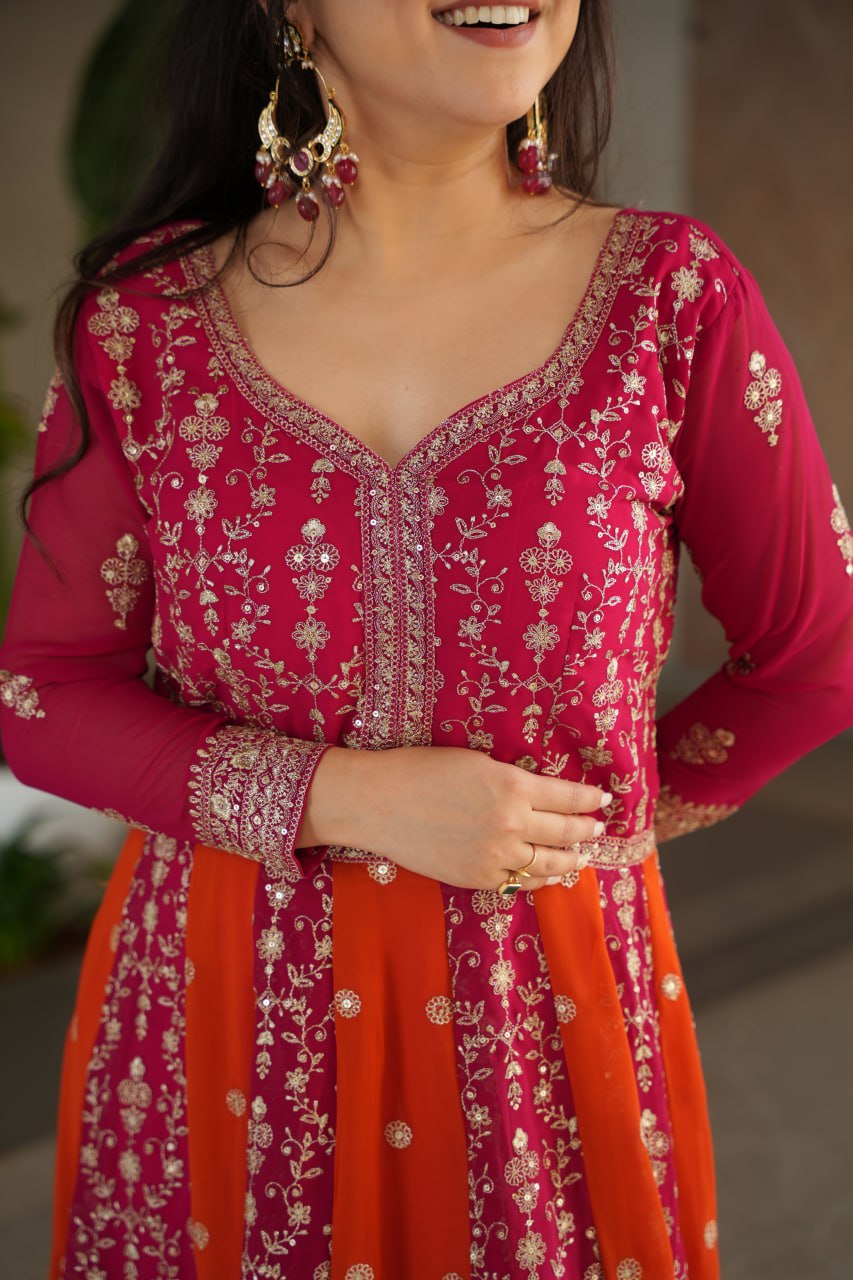 Pink Luxury Faux Blooming Gown Set with Zari & Sequins Embroidery – Kali Cut Design
