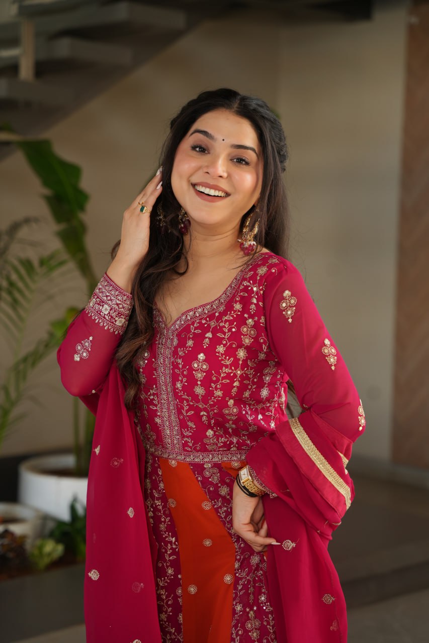 Pink Luxury Faux Blooming Gown Set with Zari & Sequins Embroidery – Kali Cut Design