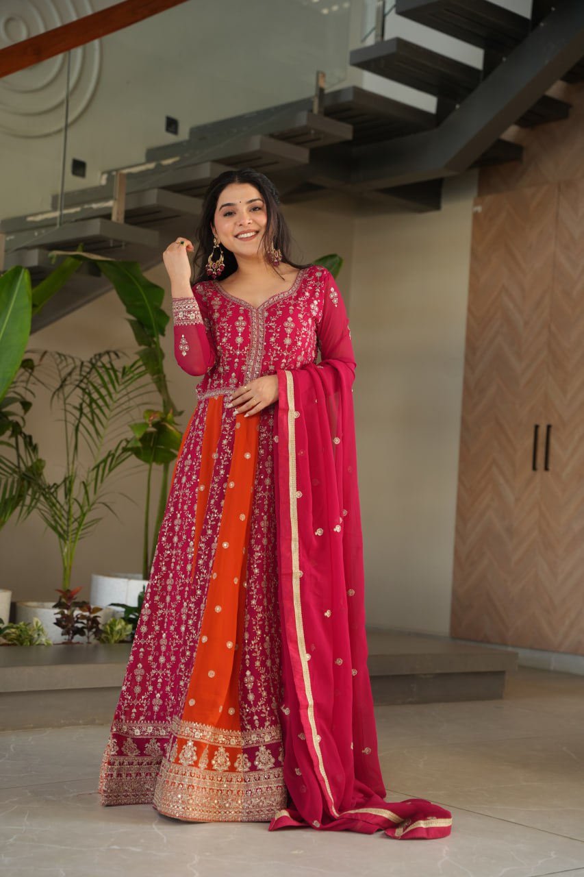 Pink Luxury Faux Blooming Gown Set with Zari & Sequins Embroidery – Kali Cut Design