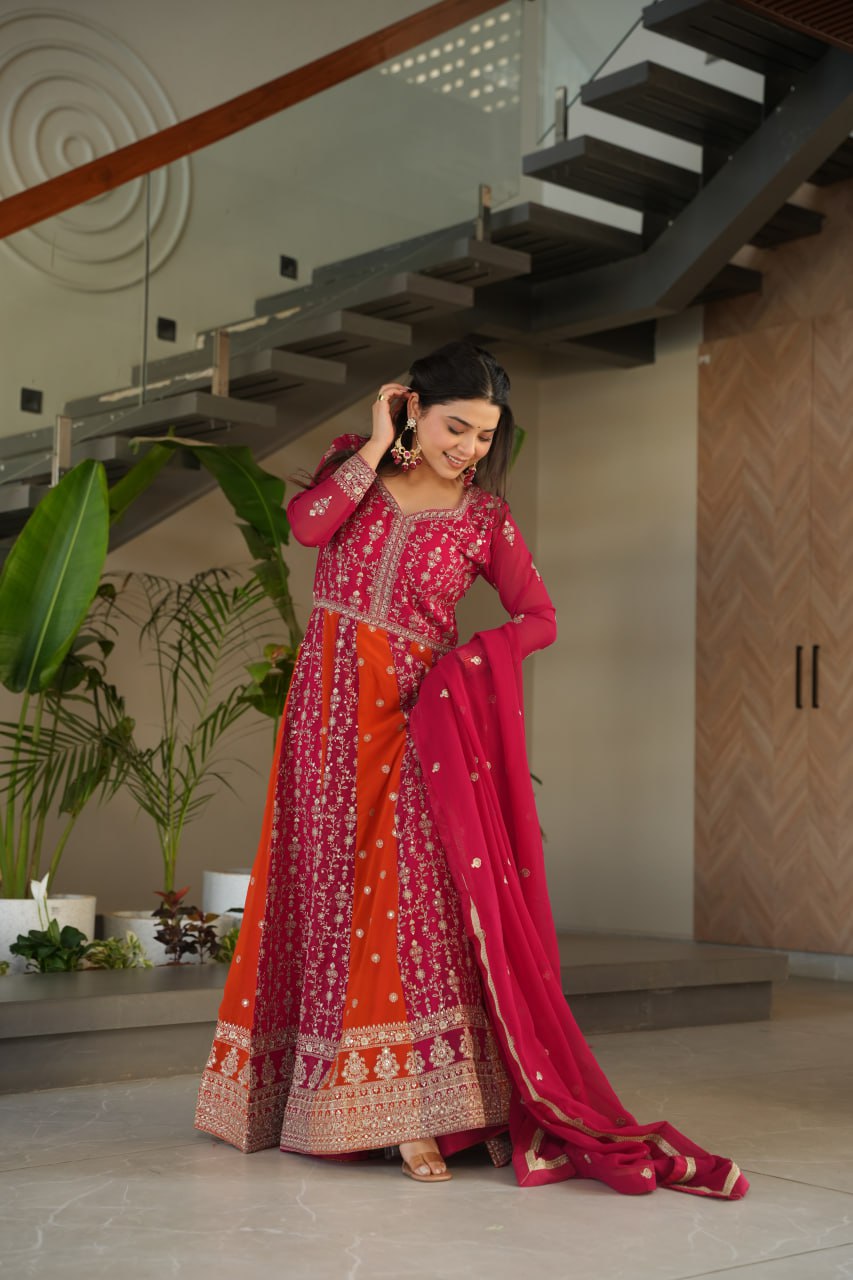Pink Luxury Faux Blooming Gown Set with Zari & Sequins Embroidery – Kali Cut Design