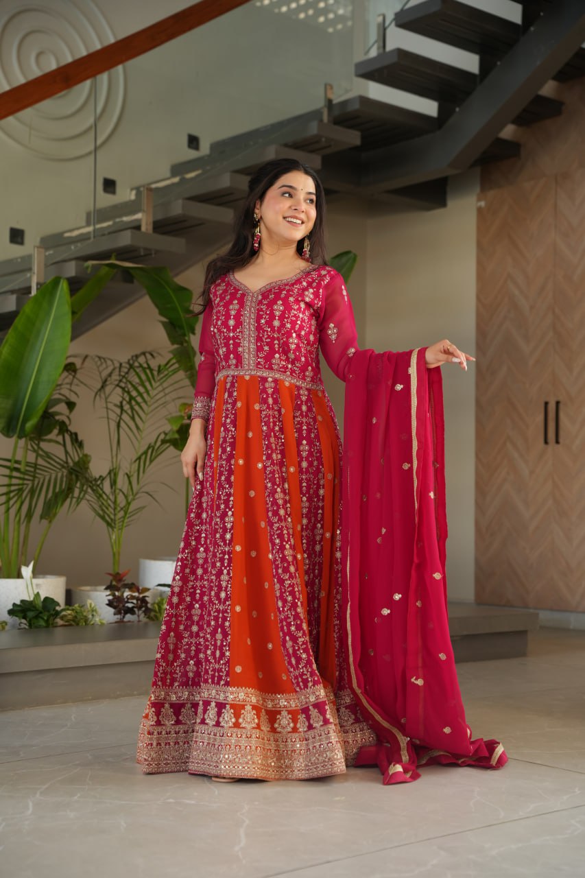 Pink Luxury Faux Blooming Gown Set with Zari & Sequins Embroidery – Kali Cut Design