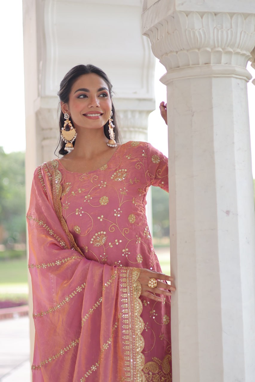 Pink Luxury Fendy Silk Sequins Embroidered Kurti with Sharara & Matching Cut-Work Dupatta Party & Festive Wear Set