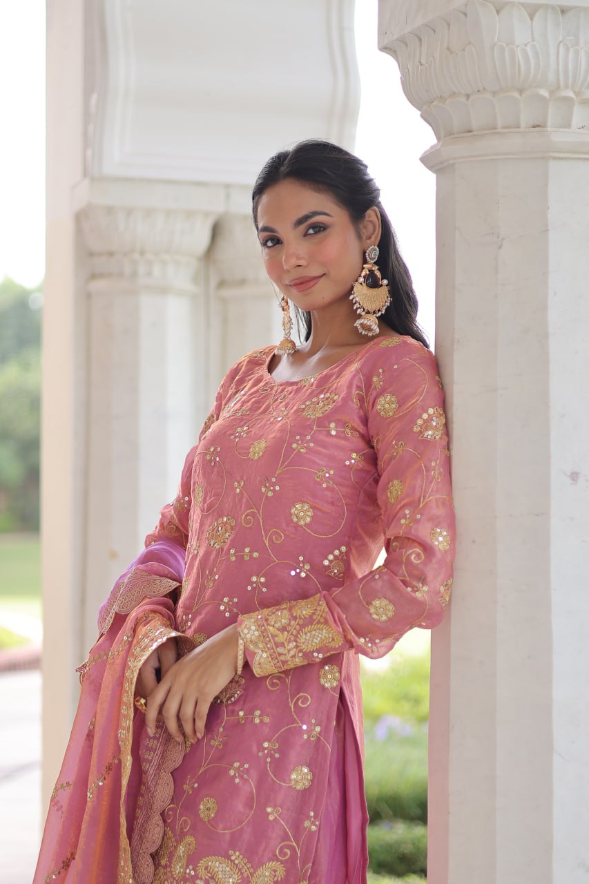 Pink Luxury Fendy Silk Sequins Embroidered Kurti with Sharara & Matching Cut-Work Dupatta Party & Festive Wear Set