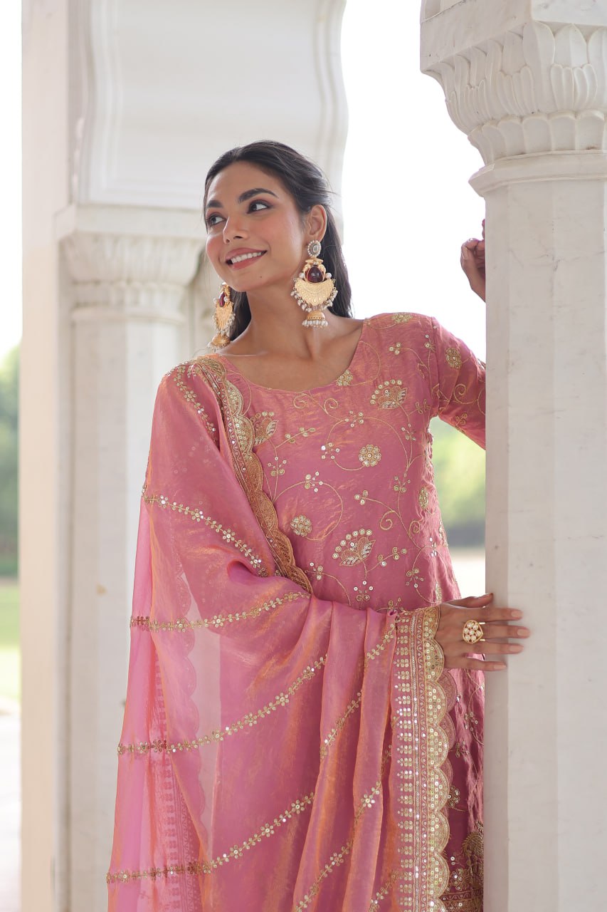 Pink Luxury Fendy Silk Sequins Embroidered Kurti with Sharara & Matching Cut-Work Dupatta Party & Festive Wear Set