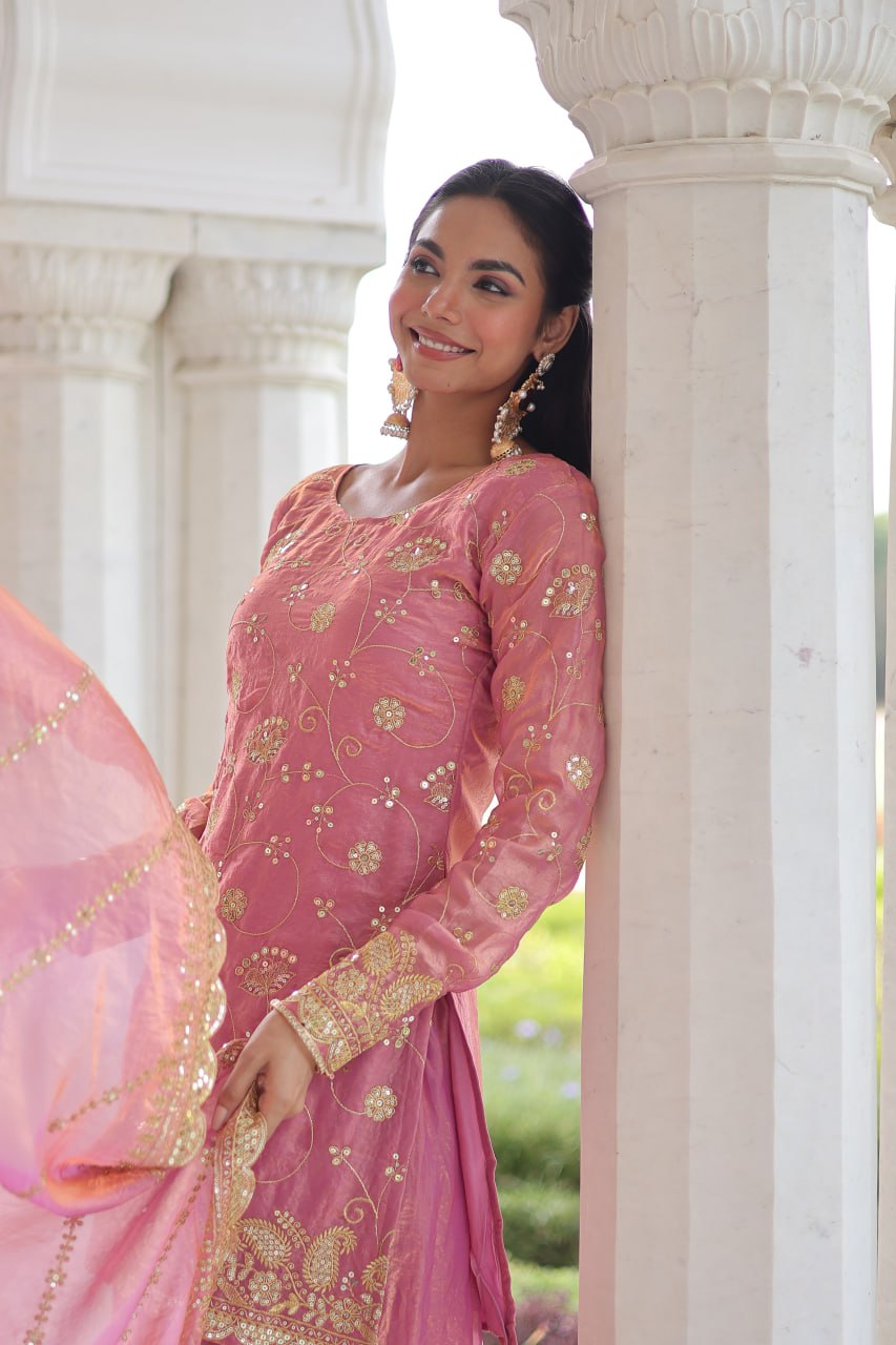 Pink Luxury Fendy Silk Sequins Embroidered Kurti with Sharara & Matching Cut-Work Dupatta Party & Festive Wear Set