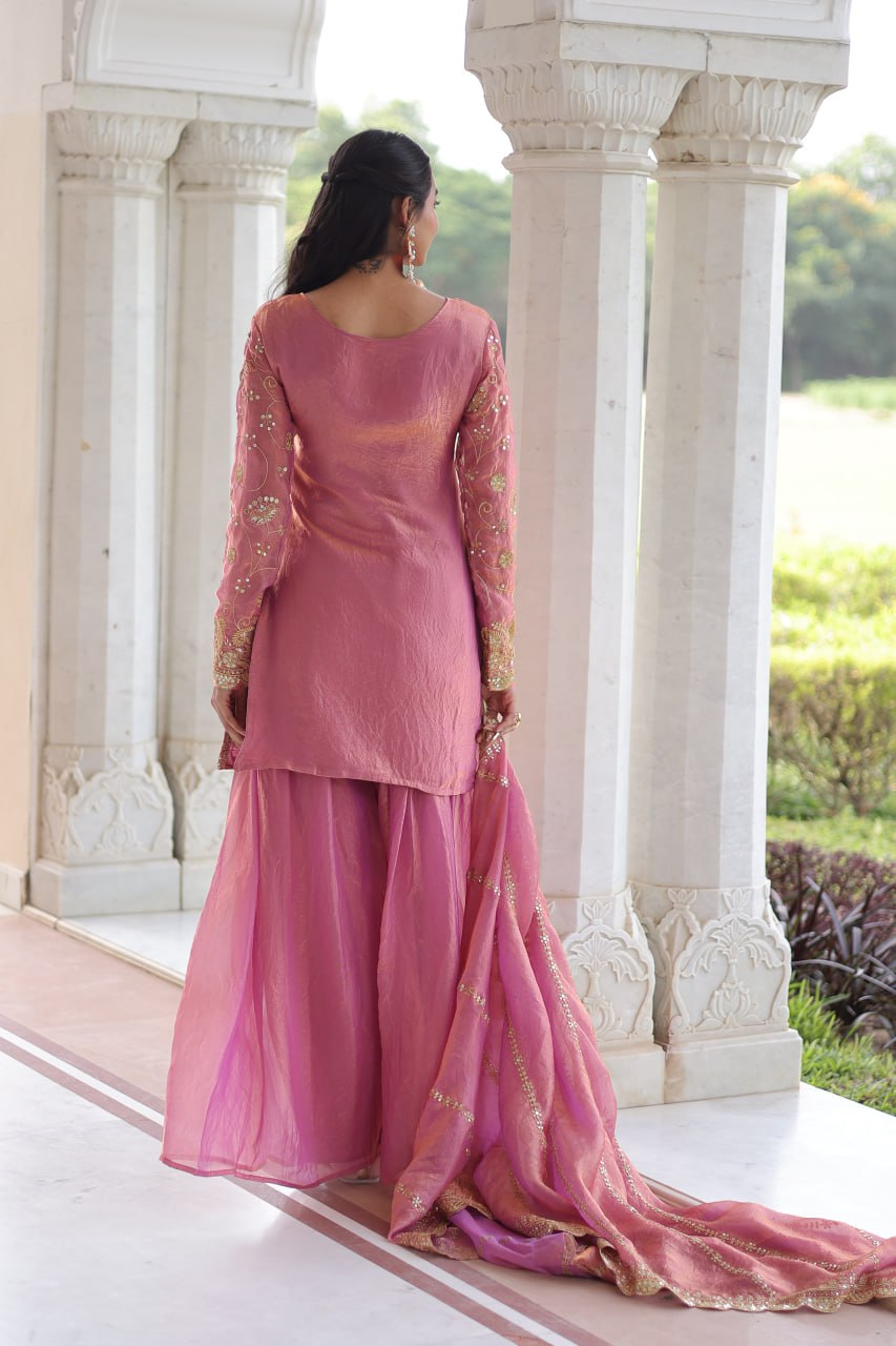 Pink Luxury Fendy Silk Sequins Embroidered Kurti with Sharara & Matching Cut-Work Dupatta Party & Festive Wear Set