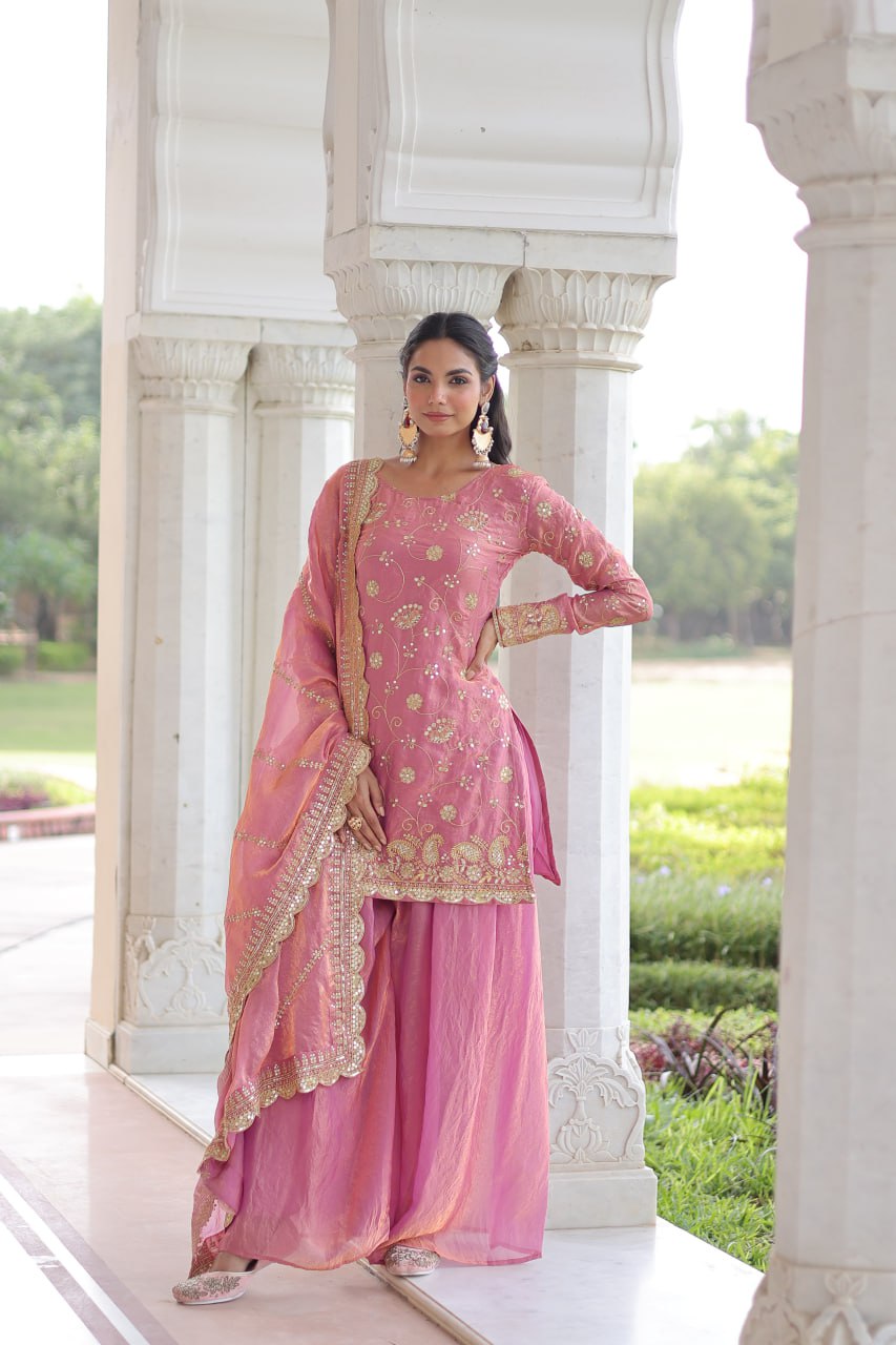 Pink Luxury Fendy Silk Sequins Embroidered Kurti with Sharara & Matching Cut-Work Dupatta Party & Festive Wear Set