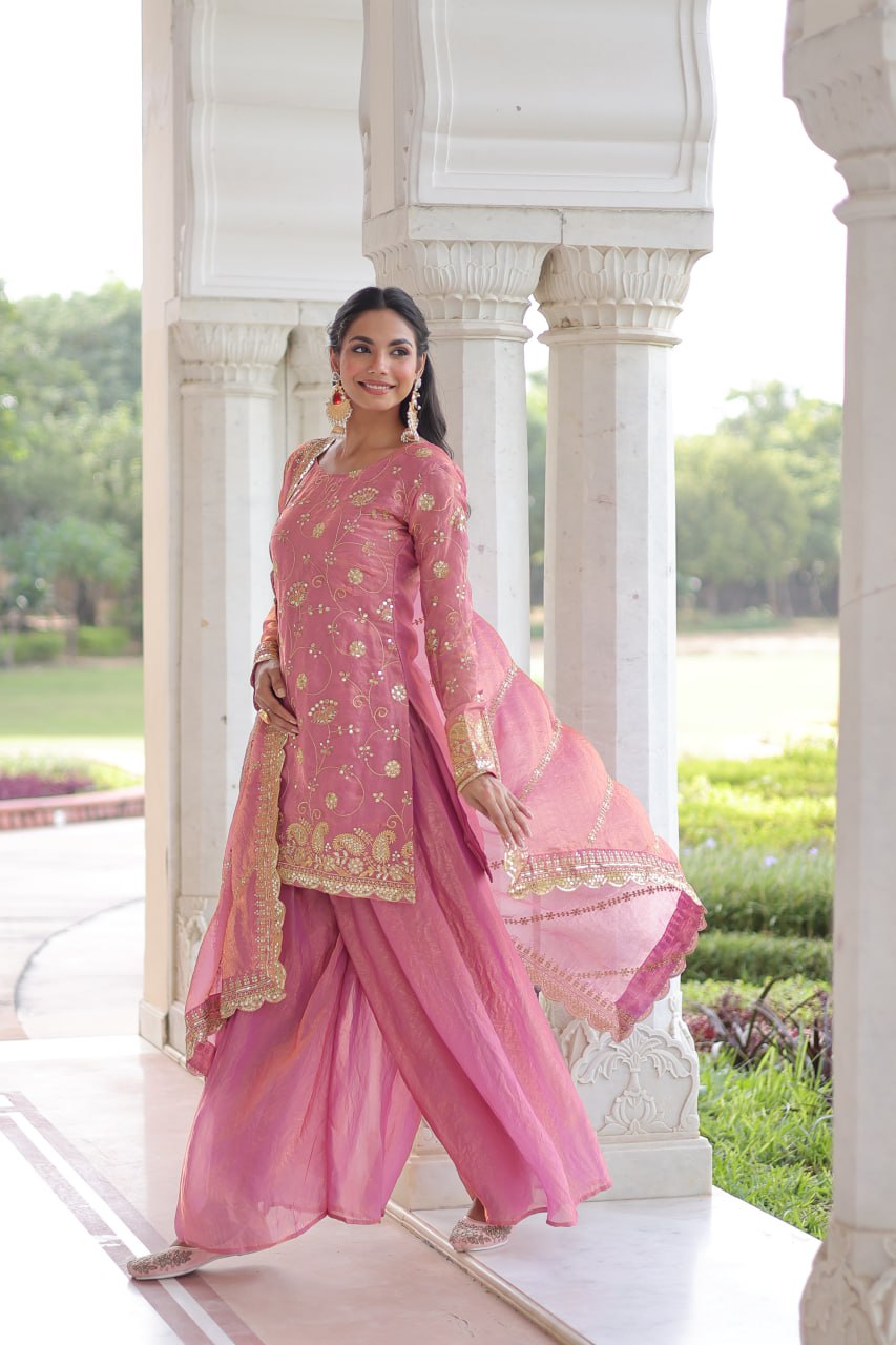 Pink Luxury Fendy Silk Sequins Embroidered Kurti with Sharara & Matching Cut-Work Dupatta Party & Festive Wear Set