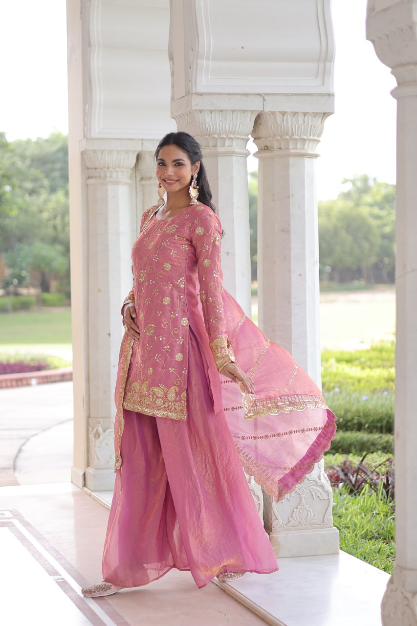 Pink Luxury Fendy Silk Sequins Embroidered Kurti with Sharara & Matching Cut-Work Dupatta Party & Festive Wear Set