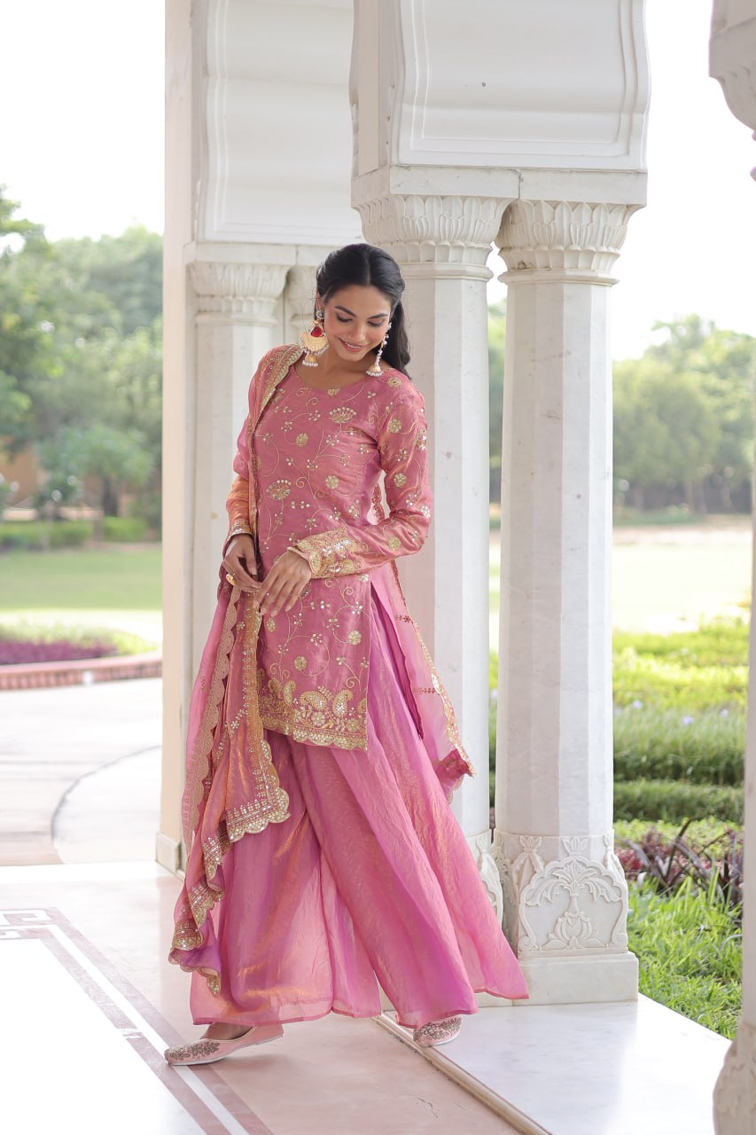 Pink Luxury Fendy Silk Sequins Embroidered Kurti with Sharara & Matching Cut-Work Dupatta Party & Festive Wear Set