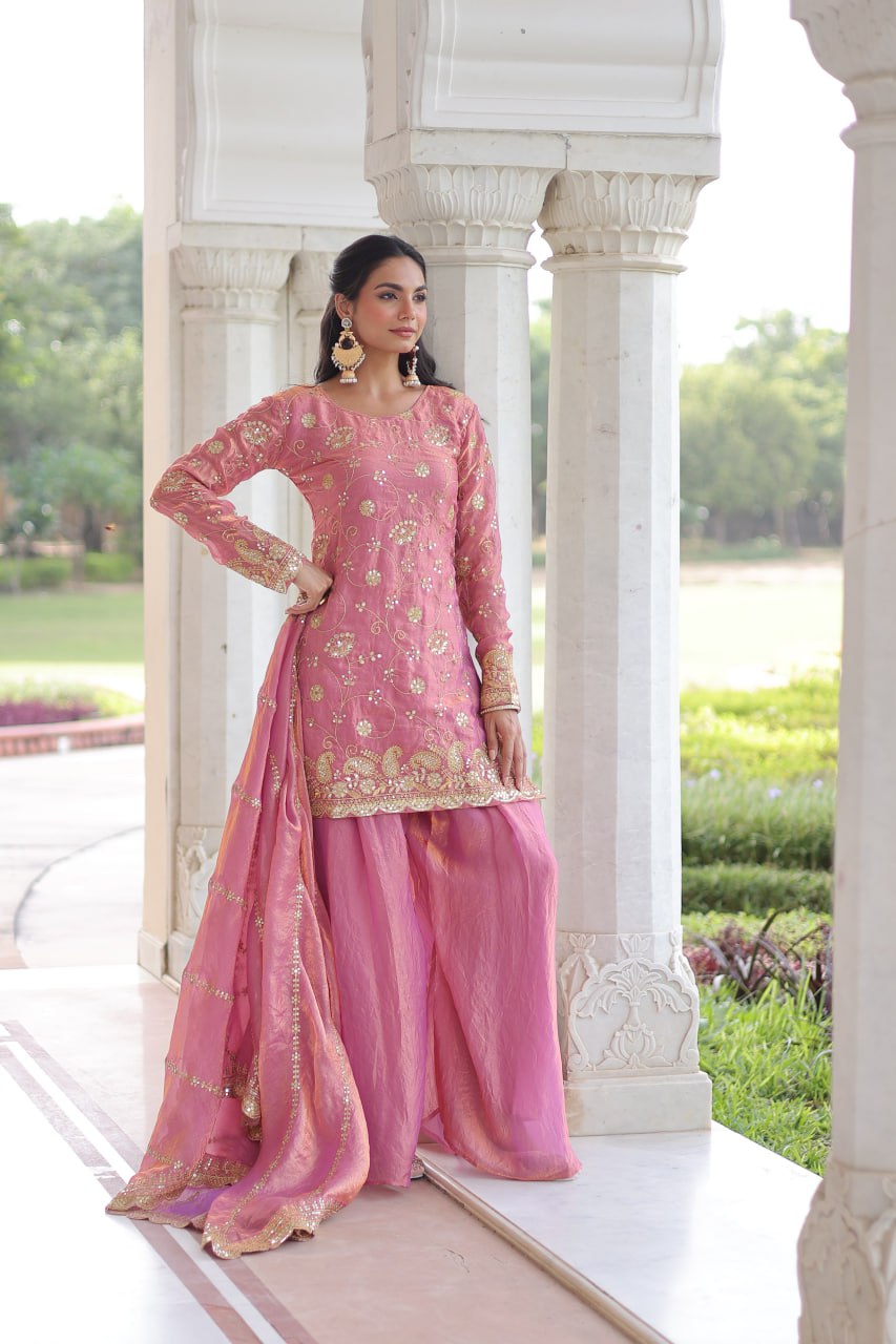 Pink Luxury Fendy Silk Sequins Embroidered Kurti with Sharara & Matching Cut-Work Dupatta Party & Festive Wear Set