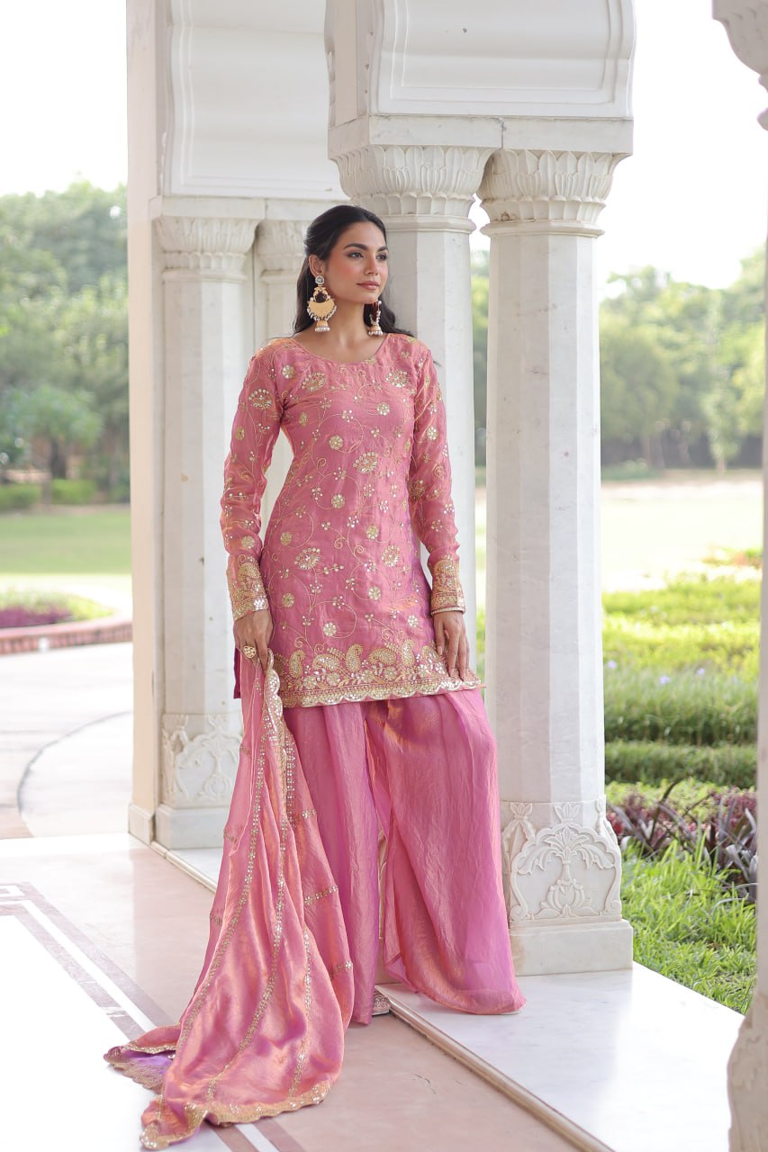 Pink Luxury Fendy Silk Sequins Embroidered Kurti with Sharara & Matching Cut-Work Dupatta Party & Festive Wear Set