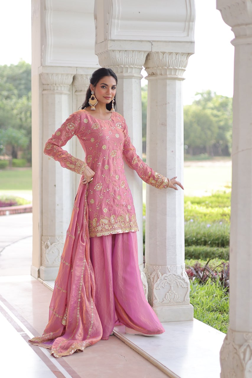 Pink Luxury Fendy Silk Sequins Embroidered Kurti with Sharara & Matching Cut-Work Dupatta Party & Festive Wear Set