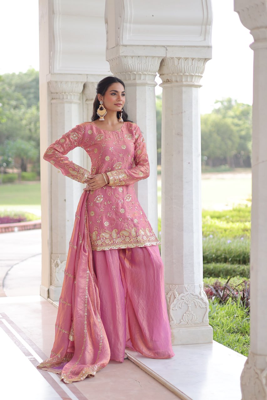 Pink Luxury Fendy Silk Sequins Embroidered Kurti with Sharara & Matching Cut-Work Dupatta Party & Festive Wear Set