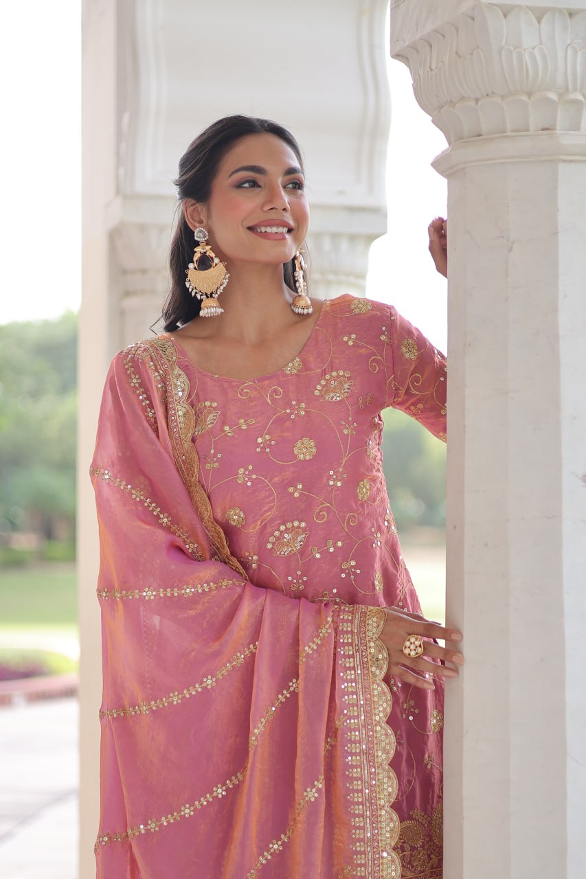 Pink Luxury Fendy Silk Sequins Embroidered Kurti with Sharara & Matching Cut-Work Dupatta Party & Festive Wear Set