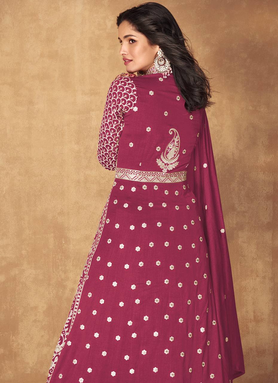 Pink Majestic Embroidered Vichitra Silk Gown & Skirt Set with Dupatta