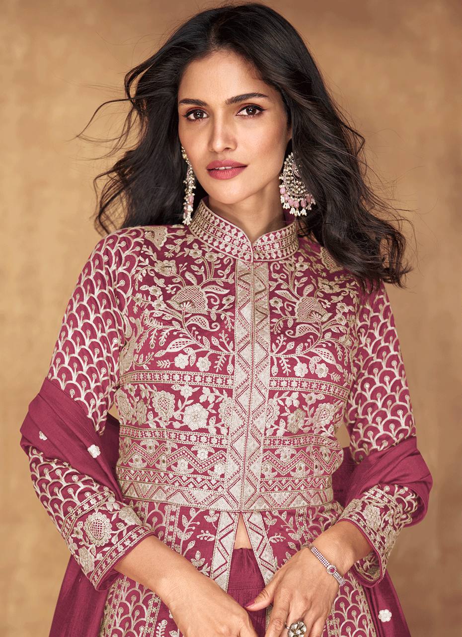 Pink Majestic Embroidered Vichitra Silk Gown & Skirt Set with Dupatta