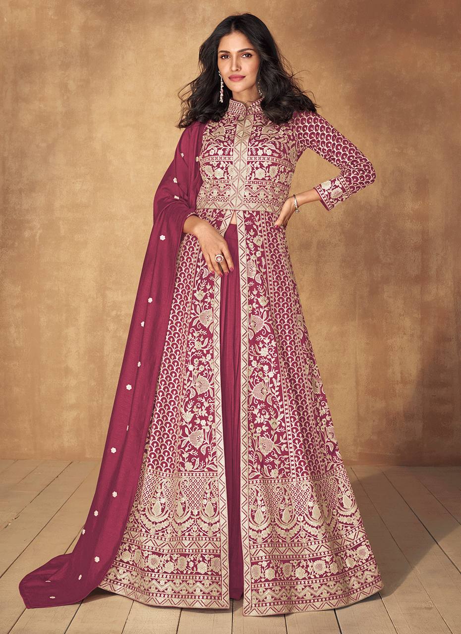 Pink Majestic Embroidered Vichitra Silk Gown & Skirt Set with Dupatta