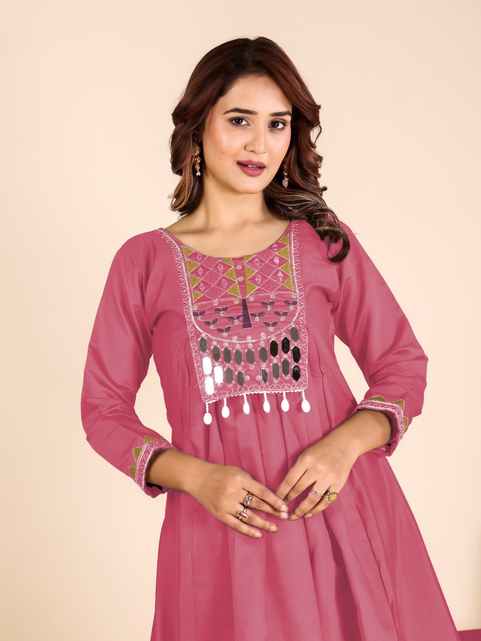 Pink Mirror Work Kurta Pant Set