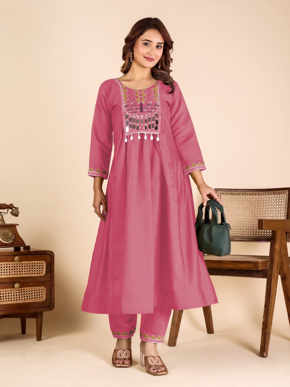 Pink Mirror Work Kurta Pant Set