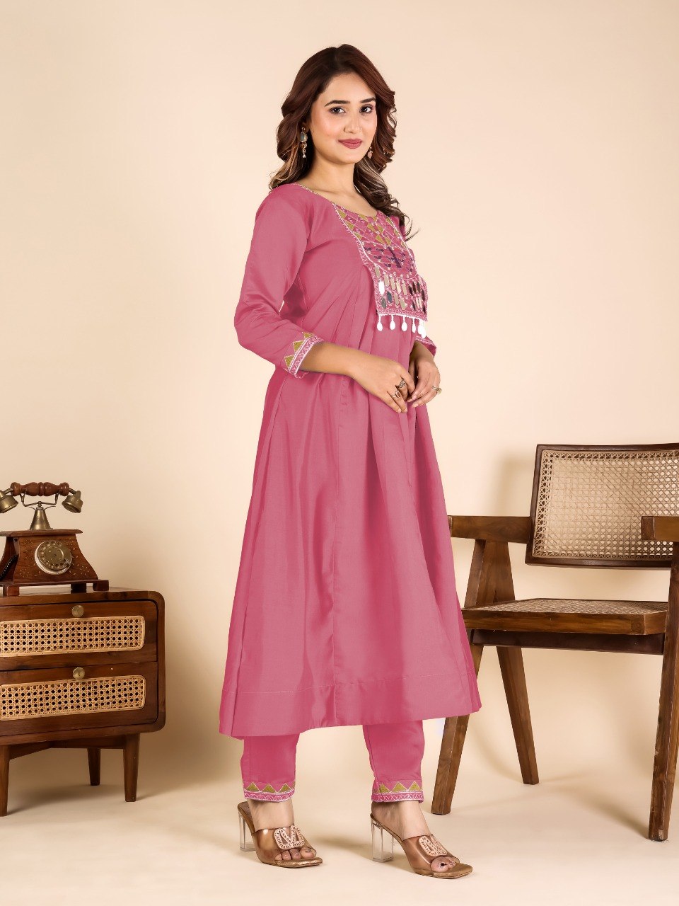 Pink Mirror Work Kurta Pant Set