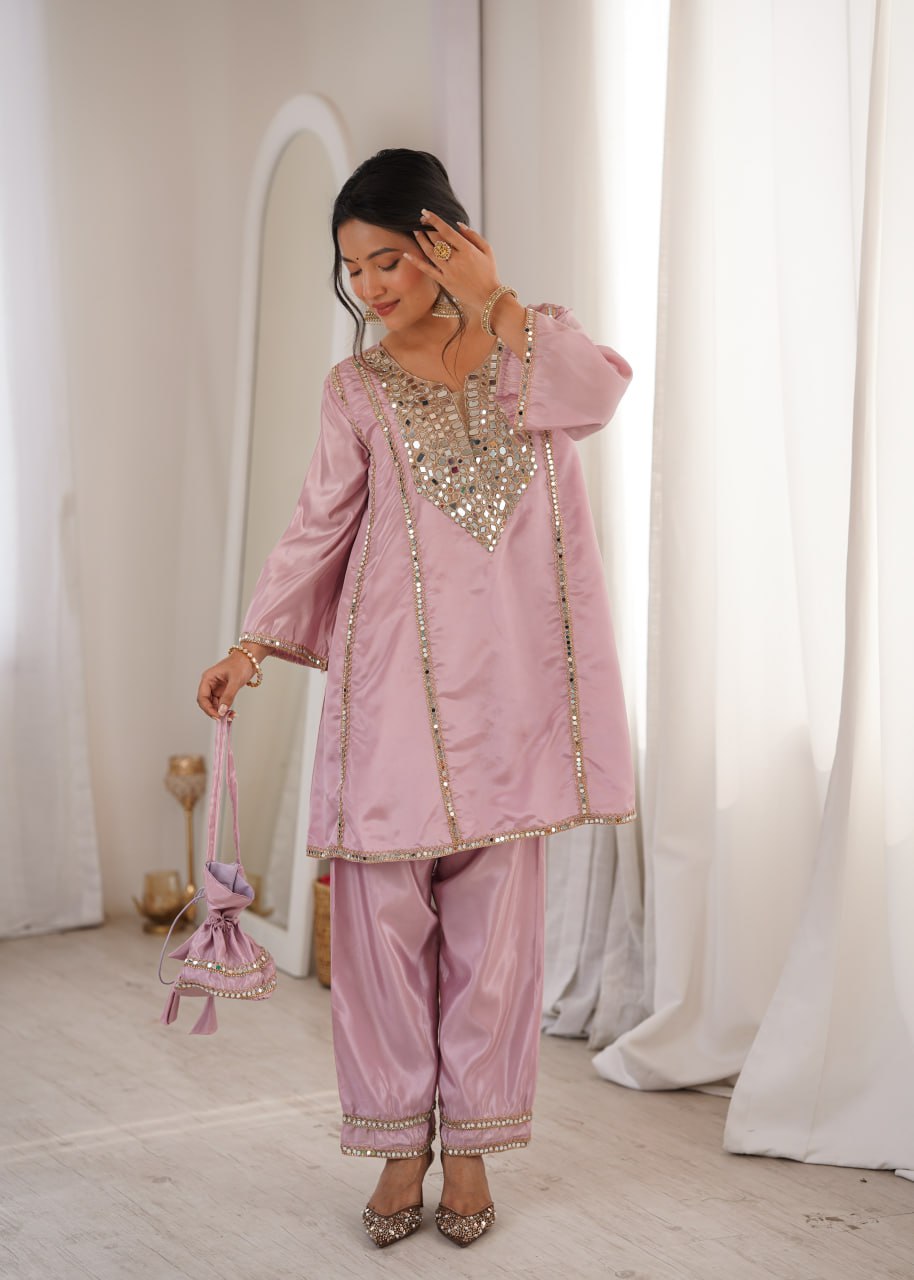 Pink Mirror Work Kurti Pant Set & Batwa