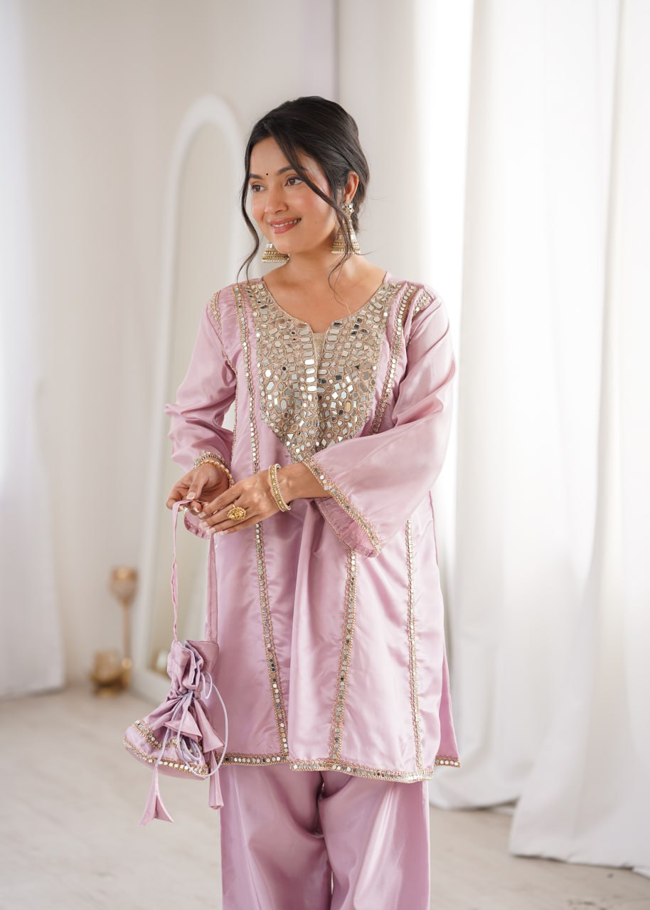 Pink Mirror Work Kurti Pant Set & Batwa