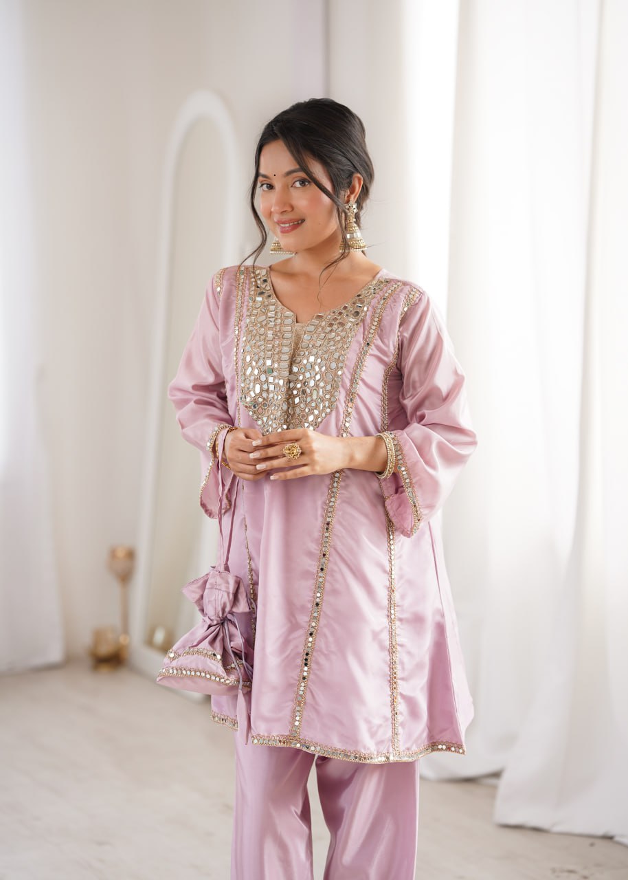 Pink Mirror Work Kurti Pant Set & Batwa