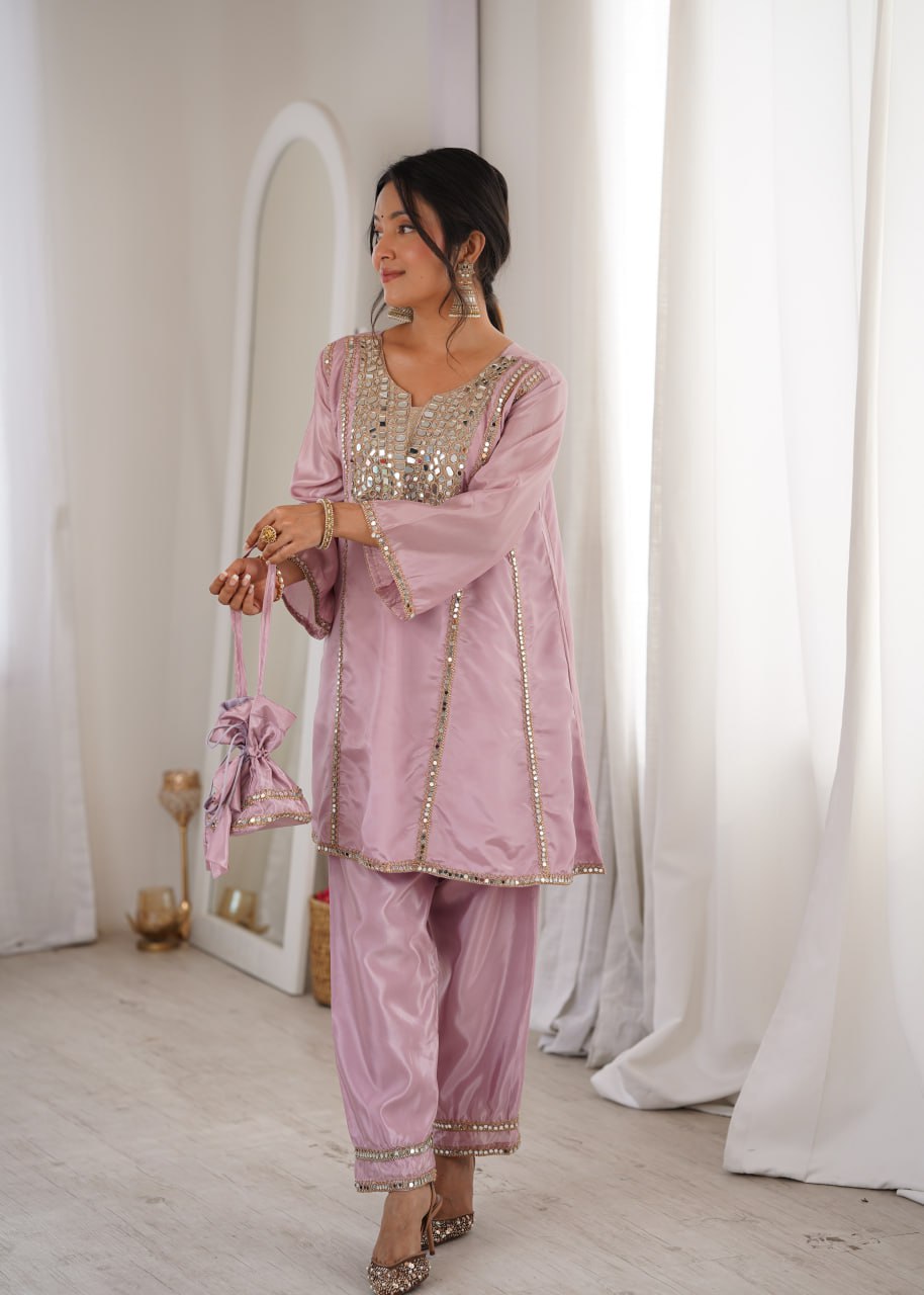Pink Mirror Work Kurti Pant Set & Batwa