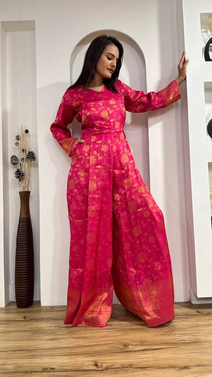 Pink Modern Banarasi Silk Jacquard Jumpsuit with Indian Elegance