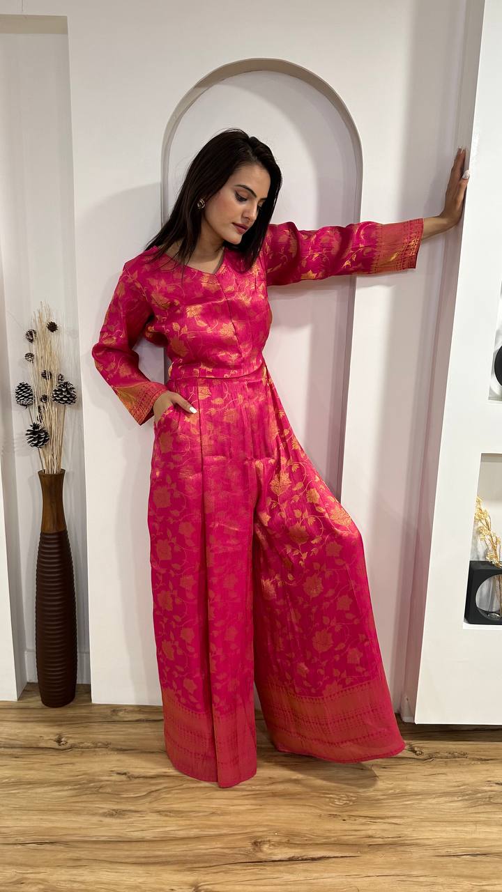 Pink Modern Banarasi Silk Jacquard Jumpsuit with Indian Elegance