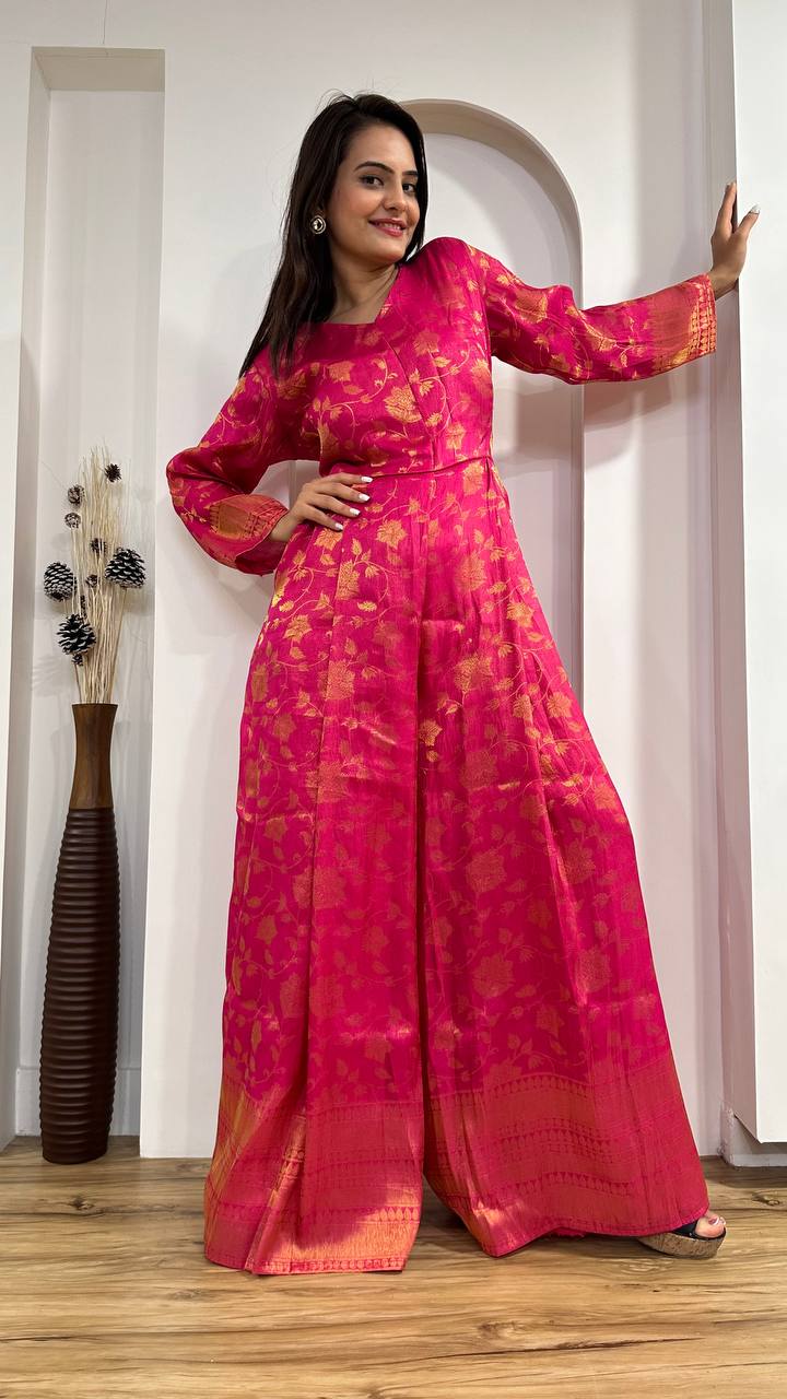 Pink Modern Banarasi Silk Jacquard Jumpsuit with Indian Elegance