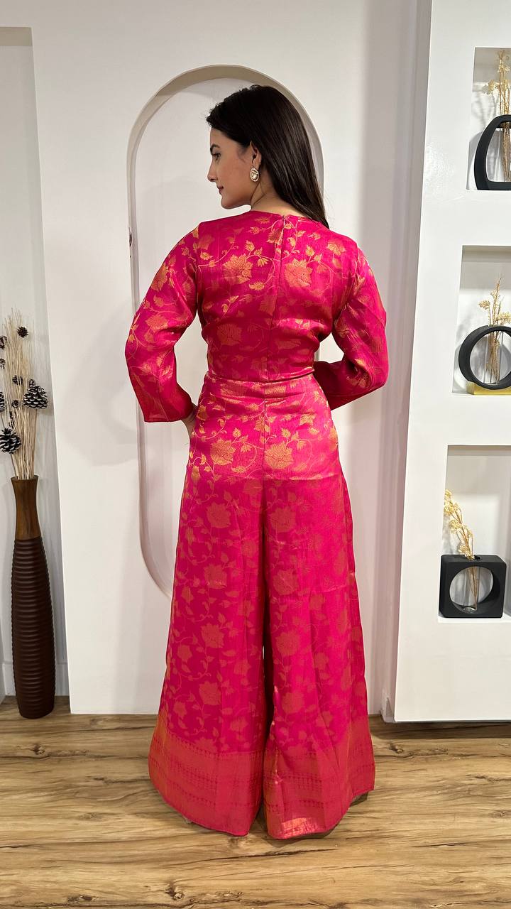 Pink Modern Banarasi Silk Jacquard Jumpsuit with Indian Elegance
