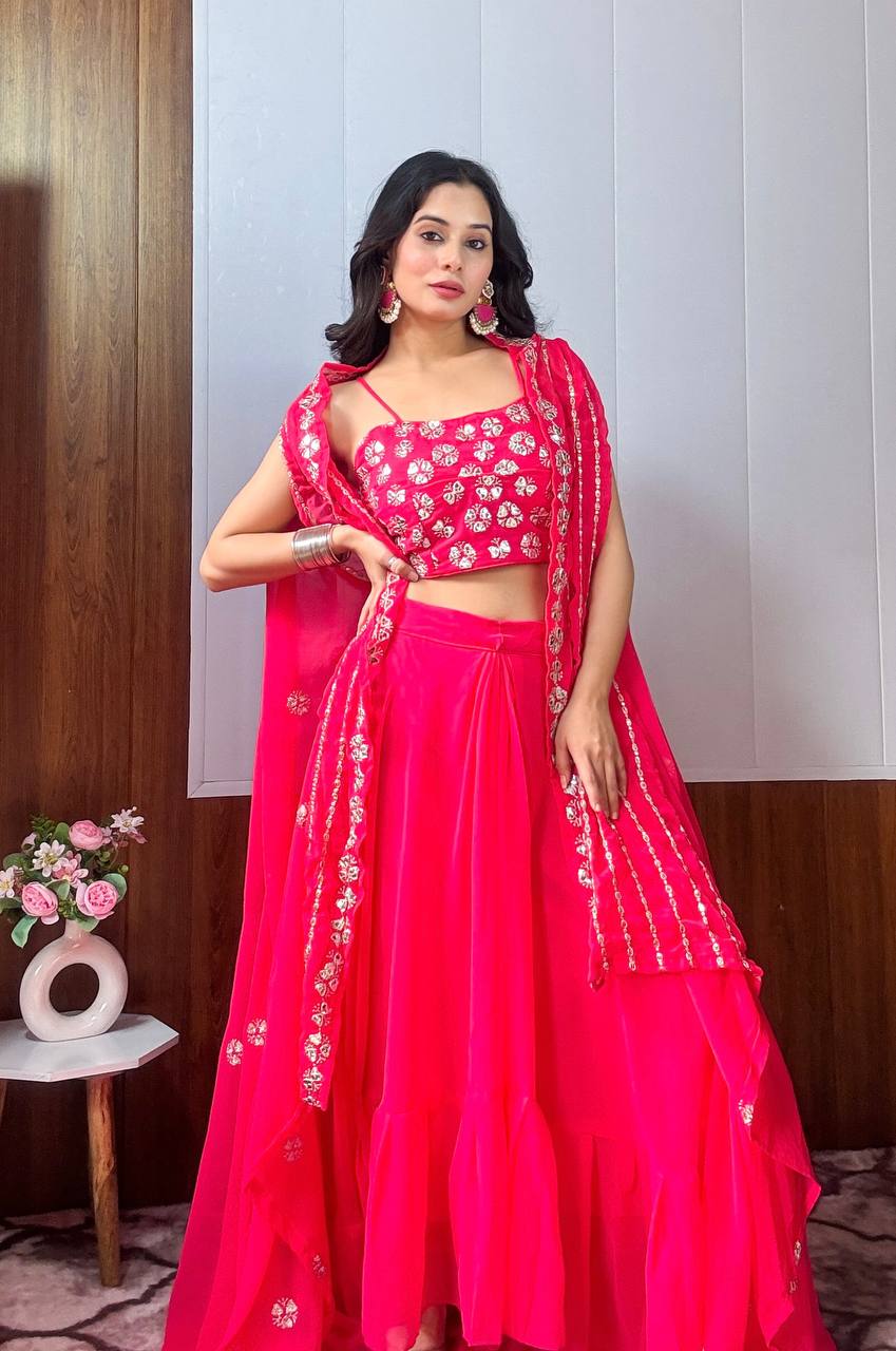 Pink Modern Georgette Skirt Set with Sequins & Zari Work
