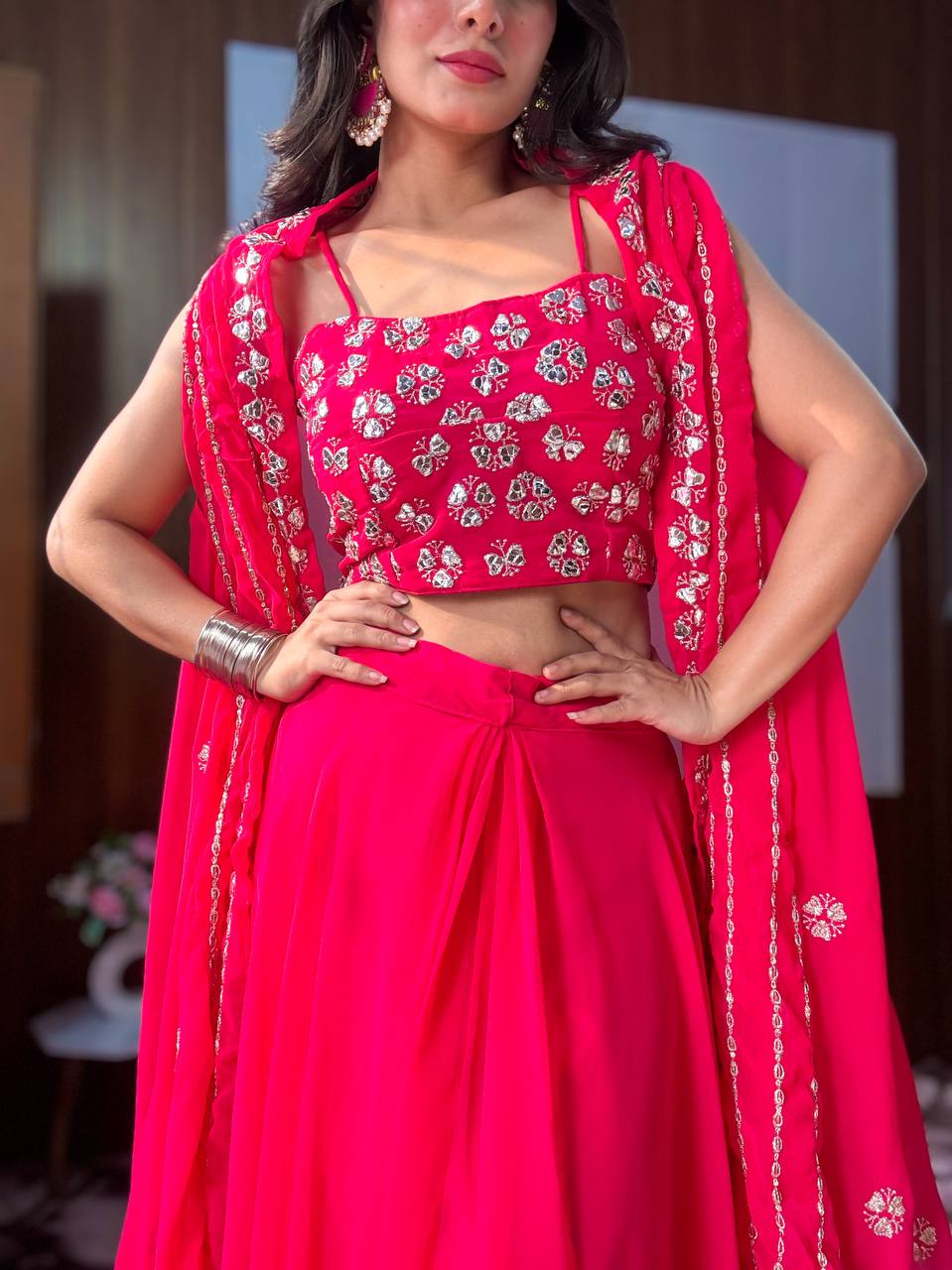 Pink Modern Georgette Skirt Set with Sequins & Zari Work