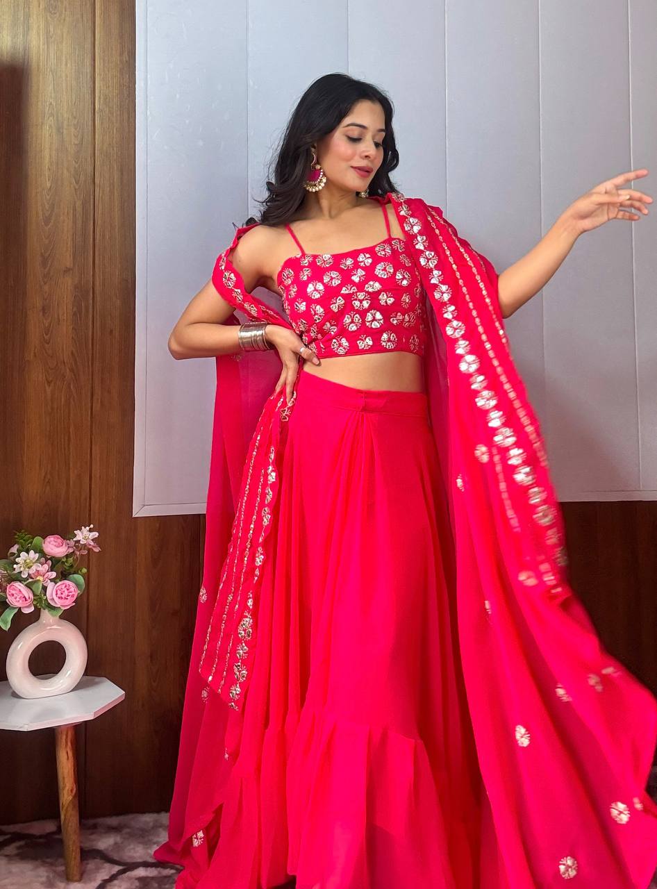 Pink Modern Georgette Skirt Set with Sequins & Zari Work
