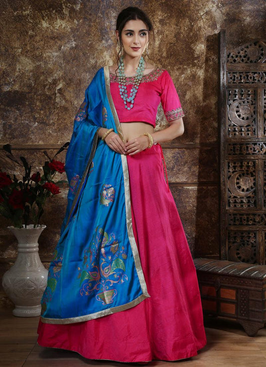 Pink Moti Stone Foil Print Silk Lehenga Choli