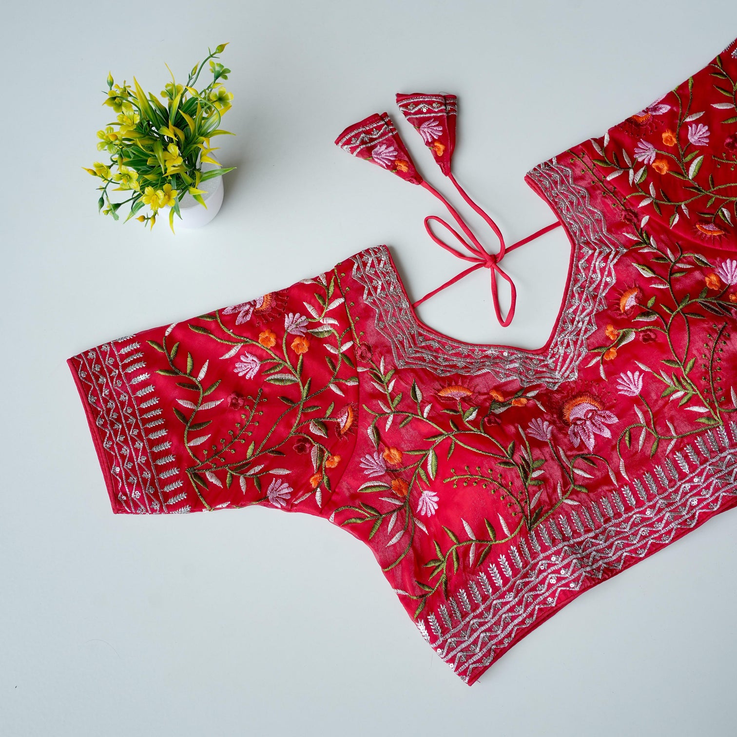 Pink Multi-Color Embroidered Silk Blouse