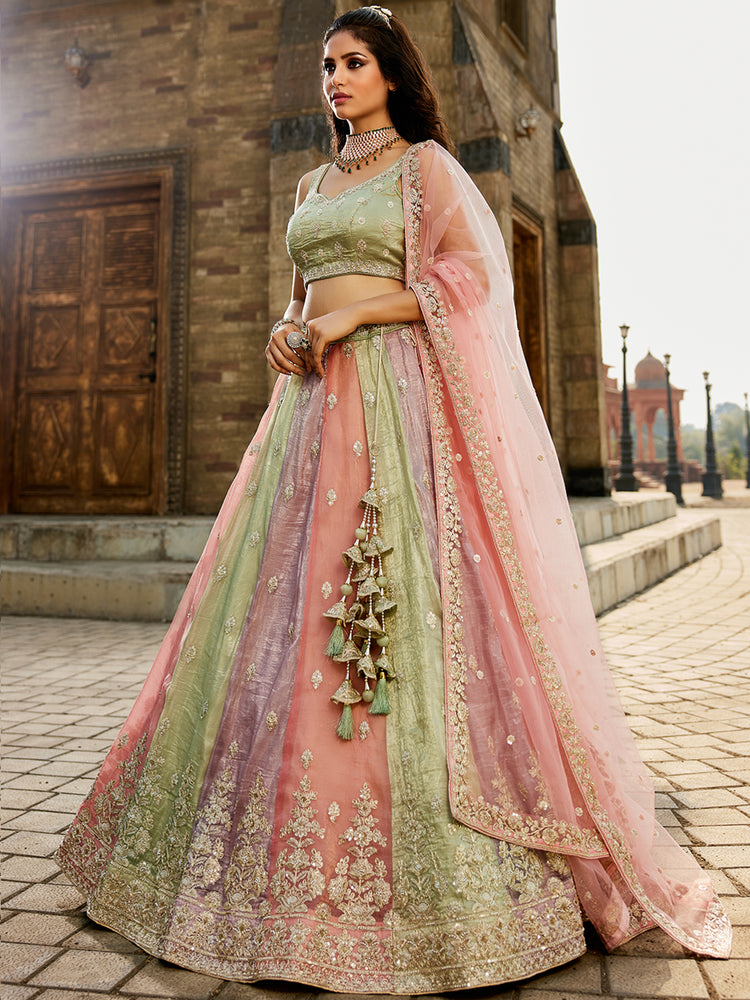 Pink Multi colour Tissue Sequinse embroidery Semi-Stitched Lehenga choli & Dupatta