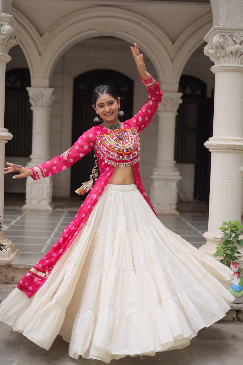 Pink Navratri Special Bandhani Kurti with Kora Cotton Frill Lehenga Set – Full Stitched