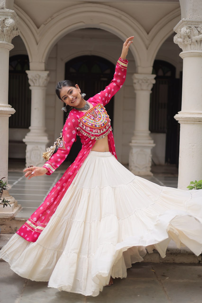 Pink Navratri Special Bandhani Kurti with Kora Cotton Frill Lehenga Set – Full Stitched