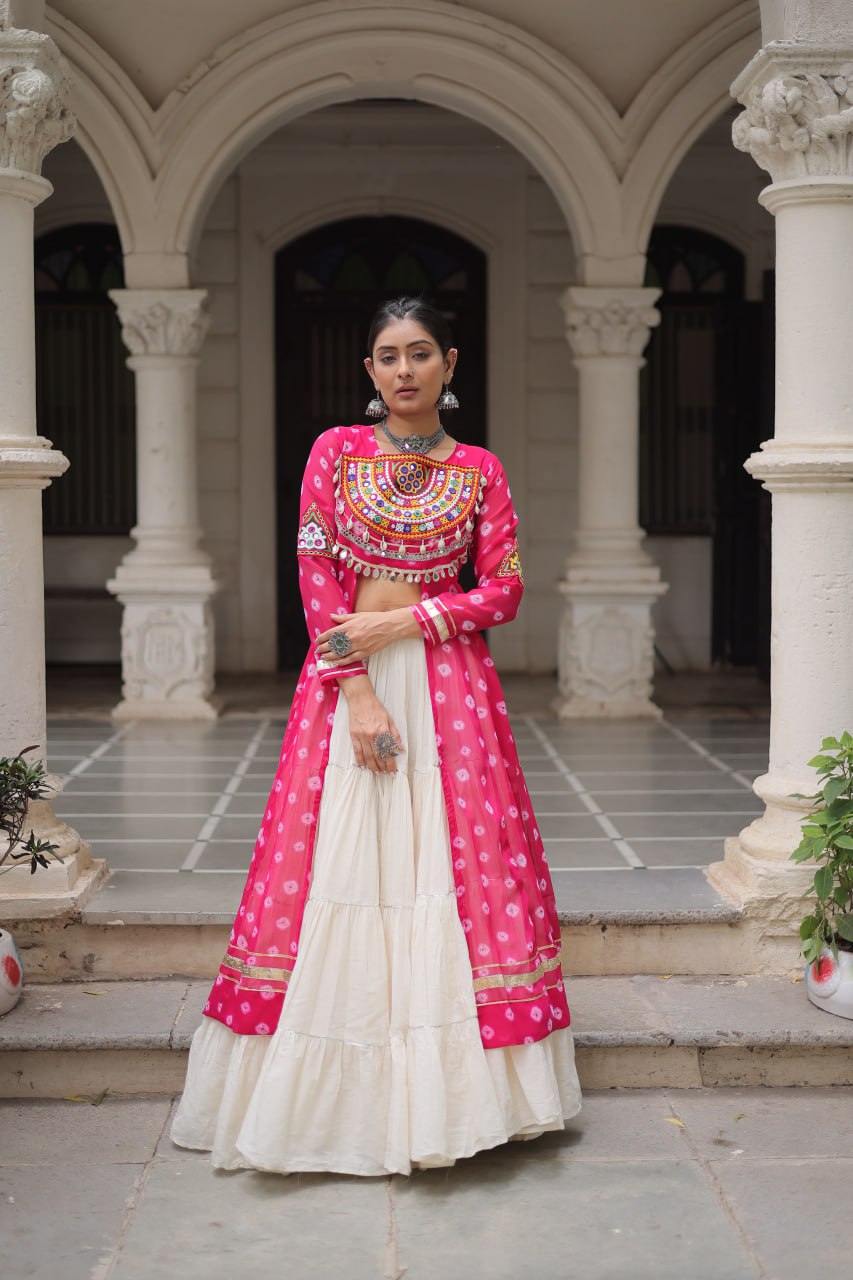 Pink Navratri Special Bandhani Kurti with Kora Cotton Frill Lehenga Set – Full Stitched