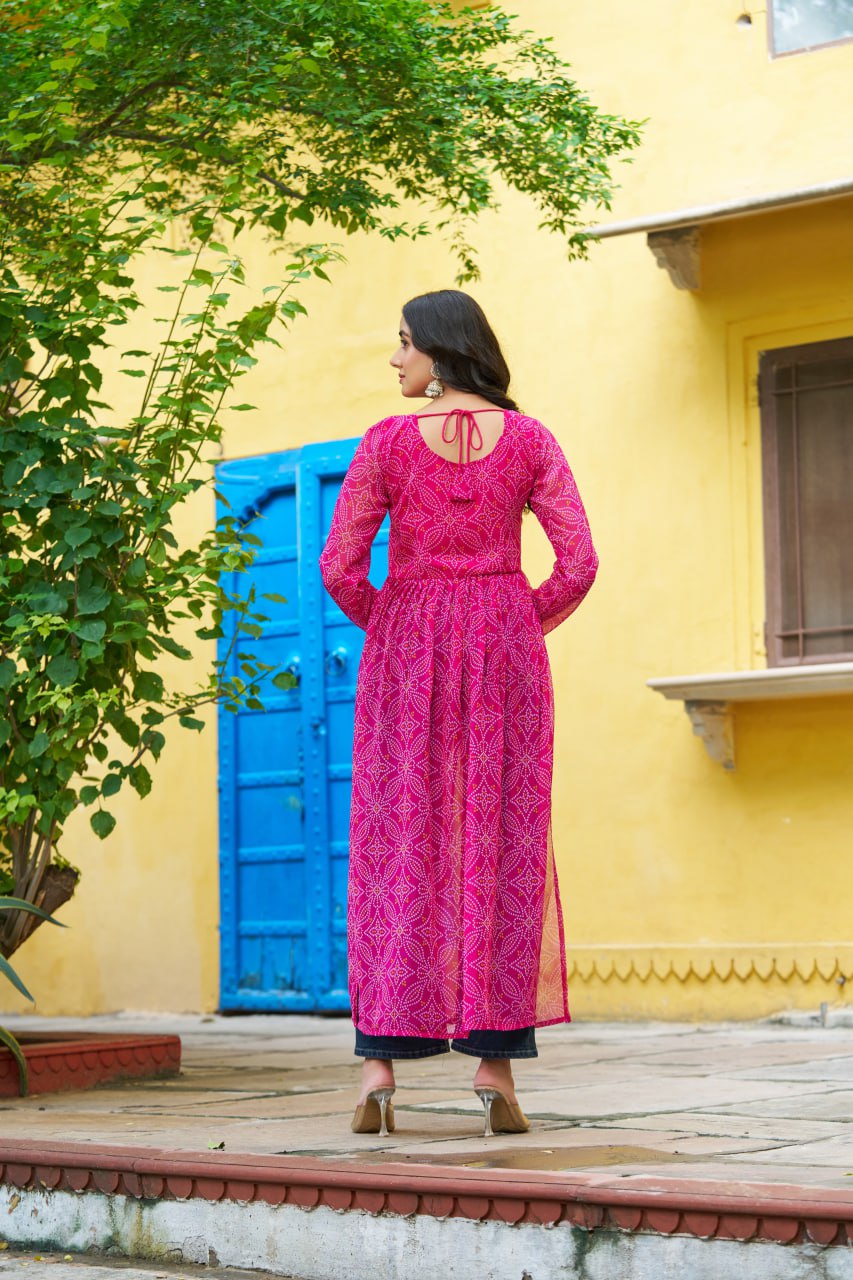 Pink Navratri Special Bandhej Print Kurti with Kutchi Patch Work