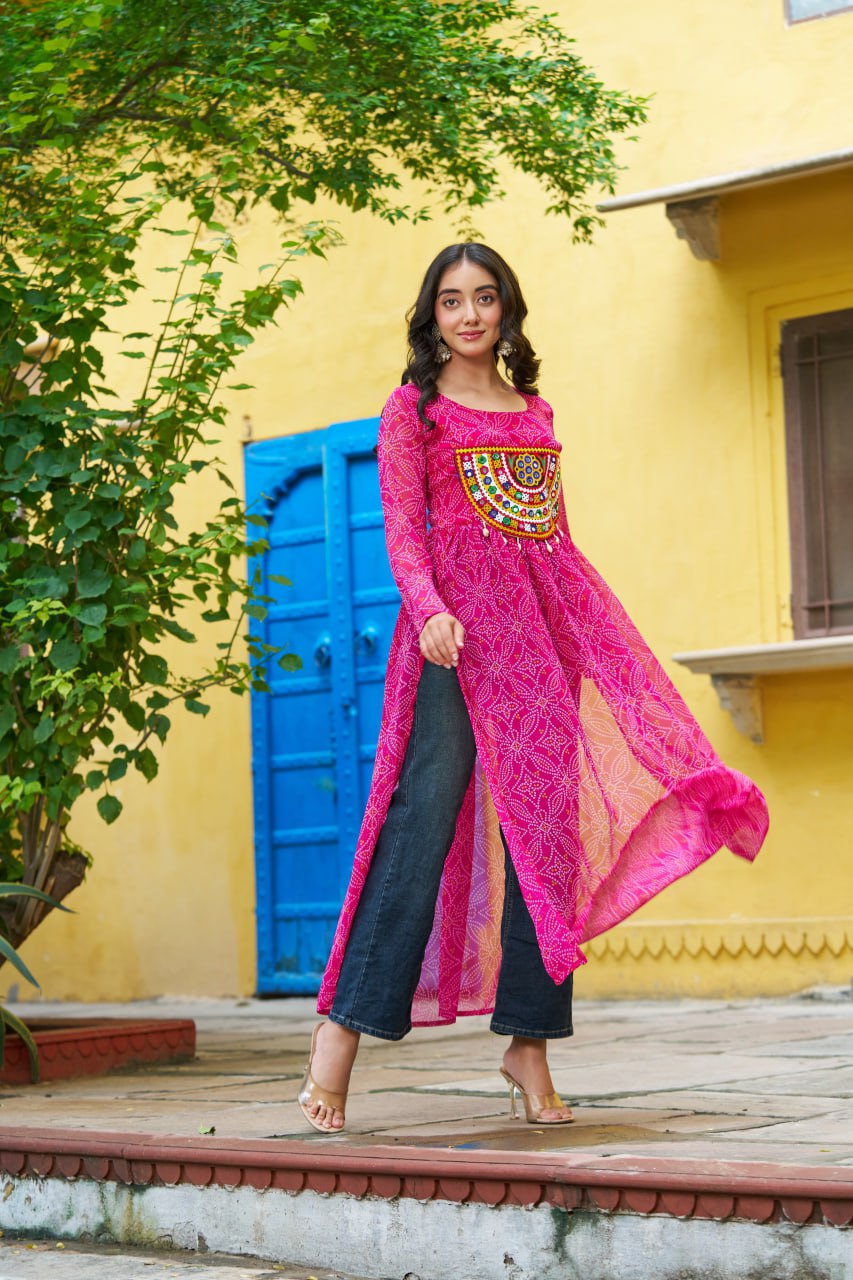 Pink Navratri Special Bandhej Print Kurti with Kutchi Patch Work