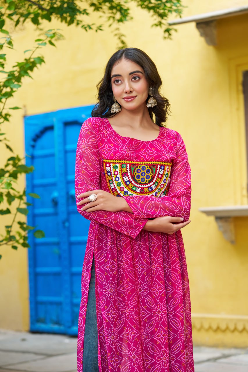 Pink Navratri Special Bandhej Print Kurti with Kutchi Patch Work