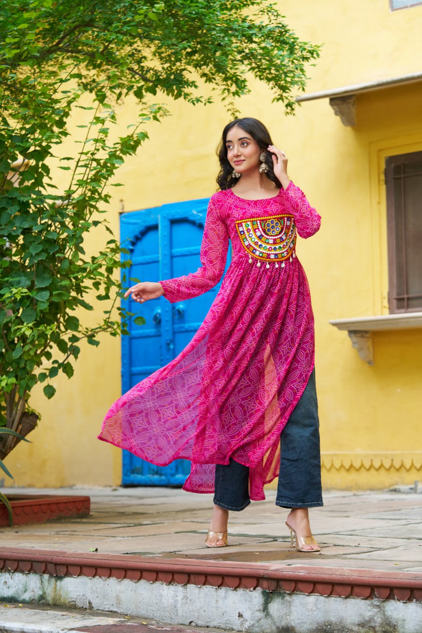 Pink Navratri Special Bandhej Print Kurti with Kutchi Patch Work